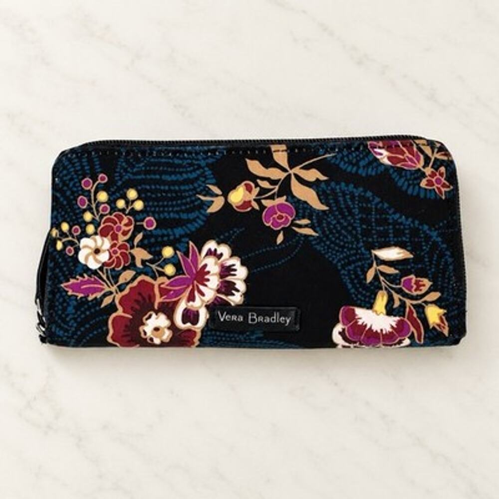 Vera Bradley Floral Zip Around Accordion Wallet Black Teal Burgundy Organizer